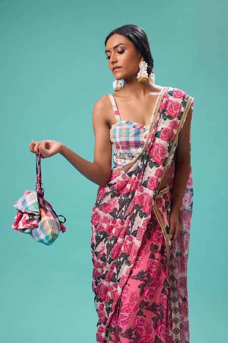 Buy Nikasha Pink Georgette, Cotton Embroidery Bahar Print Pre-draped Saree With Blouse Online at Aza Fashions Buy_Nikasha_Pink Georgette, Cotton Embroidery Bahar Print Pre-draped Saree With Blouse _Online_at_Aza_Fashions