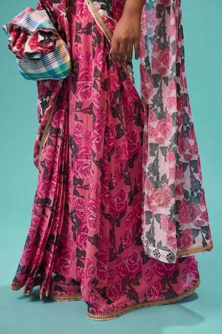 Shop Nikasha Pink Georgette, Cotton Embroidery Bahar Print Pre-draped Saree With Blouse Online at Aza Fashions Shop_Nikasha_Pink Georgette, Cotton Embroidery Bahar Print Pre-draped Saree With Blouse _Online_at_Aza_Fashions