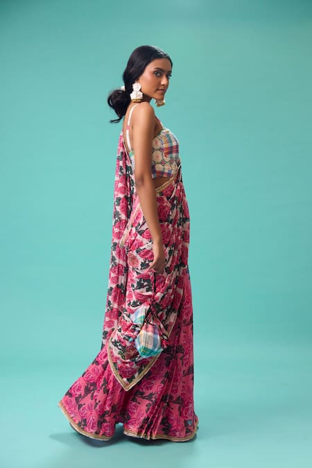 Nikasha Pink Georgette, Cotton Embroidery Bahar Print Pre-draped Saree With Blouse at Aza Fashions Nikasha_Pink Georgette, Cotton Embroidery Bahar Print Pre-draped Saree With Blouse _at_Aza_Fashions