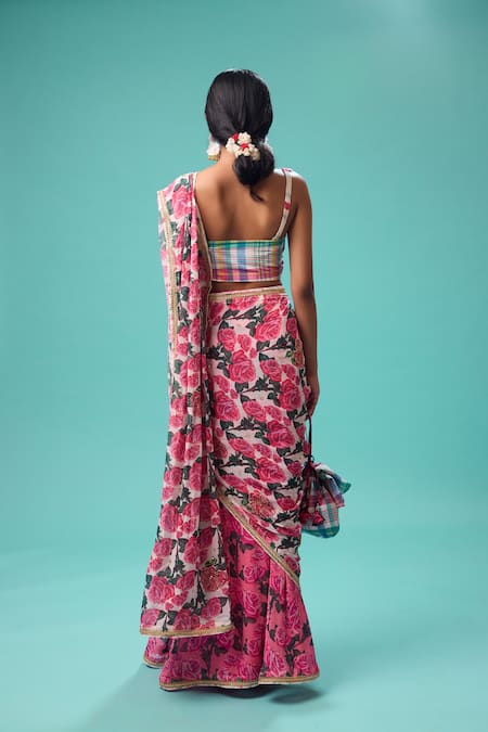 Buy Nikasha Pink Georgette, Cotton Embroidery Bahar Print Pre-draped Saree With Blouse Buy_Nikasha_Pink Georgette, Cotton Embroidery Bahar Print Pre-draped Saree With Blouse