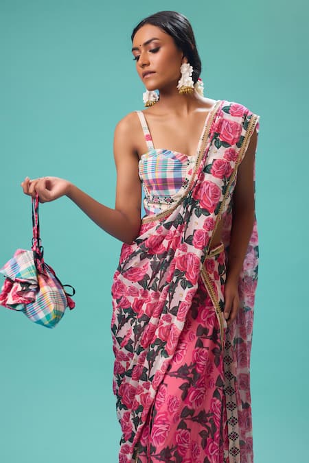 Shop Nikasha Pink Georgette, Cotton Embroidery Bahar Print Pre-draped Saree With Blouse Shop_Nikasha_Pink Georgette, Cotton Embroidery Bahar Print Pre-draped Saree With Blouse