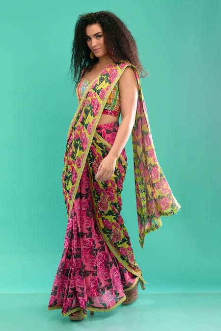 Nikasha Yellow 100% Georgette Print Bahara Sweetheart Neck Pre-draped Saree With Blouse 