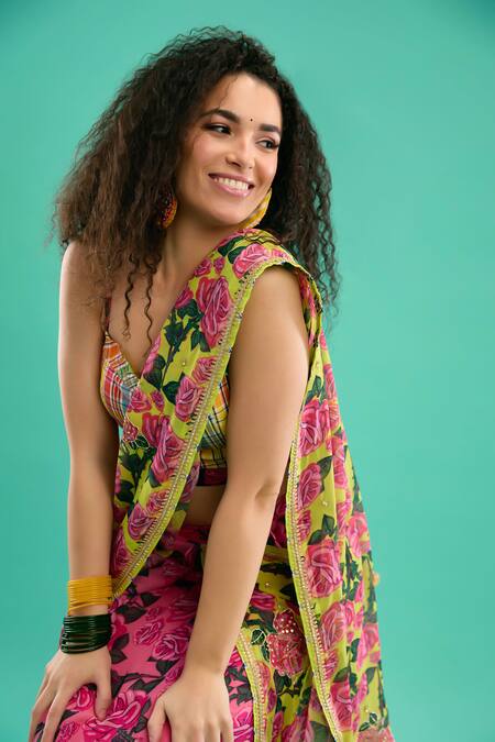 Buy Nikasha Yellow Georgette, Cotton Embroidery Bahara Print Pre-draped Saree With Blouse Online at Aza Fashions Buy_Nikasha_Yellow Georgette, Cotton Embroidery Bahara Print Pre-draped Saree With Blouse _Online_at_Aza_Fashions