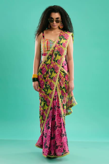 Shop Nikasha Yellow Georgette, Cotton Embroidery Bahara Print Pre-draped Saree With Blouse at Aza Fashions Shop_Nikasha_Yellow Georgette, Cotton Embroidery Bahara Print Pre-draped Saree With Blouse _at_Aza_Fashions