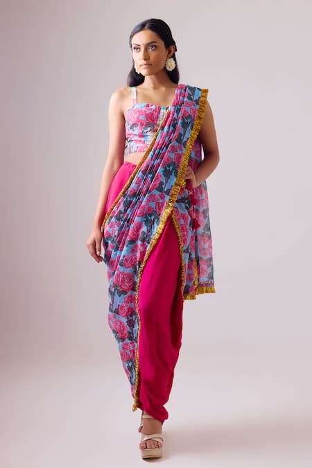 Nikasha Pink 100% Kota Doriya Print Phoolista Sweetheart Neck Re-draped Dhoti Saree Set 