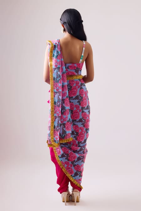 Shop Nikasha Pink Silk, Cotton, Kota Doria Phoolista Print Re-draped Dhoti Saree Set at Aza Fashions Shop_Nikasha_Pink Silk, Cotton, Kota Doria Phoolista Print Re-draped Dhoti Saree Set _at_Aza_Fashions