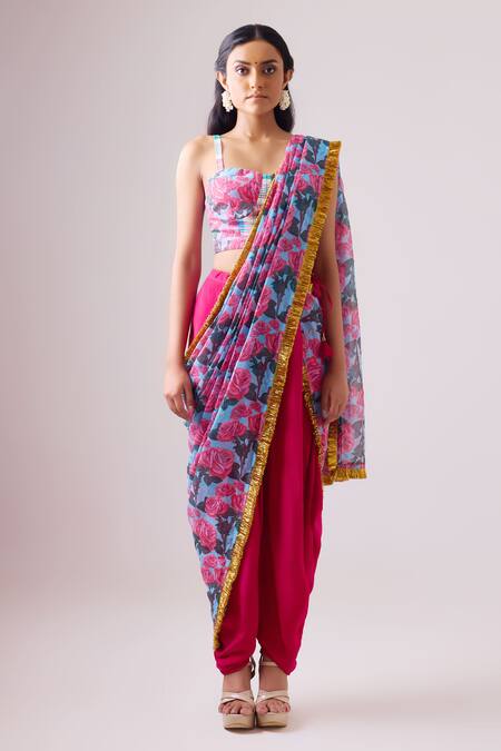 Nikasha Pink Silk, Cotton, Kota Doria Phoolista Print Re-draped Dhoti Saree Set Online at Aza Fashions Nikasha_Pink Silk, Cotton, Kota Doria Phoolista Print Re-draped Dhoti Saree Set _Online_at_Aza_Fashions
