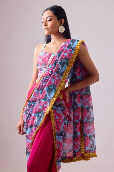 Buy Nikasha Pink Silk, Cotton, Kota Doria Phoolista Print Re-draped Dhoti Saree Set Online at Aza Fashions Buy_Nikasha_Pink Silk, Cotton, Kota Doria Phoolista Print Re-draped Dhoti Saree Set _Online_at_Aza_Fashions