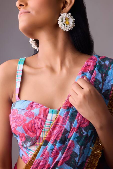 Shop Nikasha Pink Silk, Cotton, Kota Doria Phoolista Print Re-draped Dhoti Saree Set Online at Aza Fashions Shop_Nikasha_Pink Silk, Cotton, Kota Doria Phoolista Print Re-draped Dhoti Saree Set _Online_at_Aza_Fashions