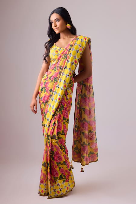 Nikasha Yellow 100% Pure Georgette Print Phool Bagh Round Neck Saree With Blouse 