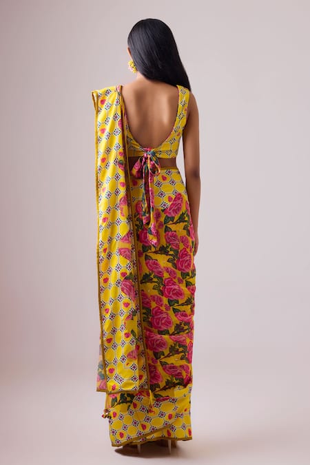 Shop Nikasha Yellow Georgette, Rayon Tassels, Diamonds Phool Bagh Print Saree With Blouse at Aza Fashions Shop_Nikasha_Yellow Georgette, Rayon Tassels, Diamonds Phool Bagh Print Saree With Blouse _at_Aza_Fashions