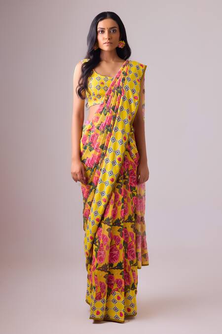 Nikasha Yellow Georgette, Rayon Tassels, Diamonds Phool Bagh Print Saree With Blouse Online at Aza Fashions Nikasha_Yellow Georgette, Rayon Tassels, Diamonds Phool Bagh Print Saree With Blouse _Online_at_Aza_Fashions
