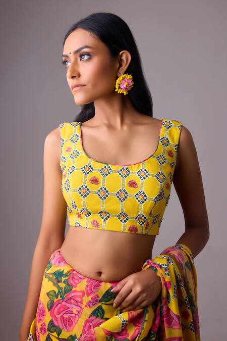 Nikasha Yellow Georgette, Rayon Tassels, Diamonds Phool Bagh Print Saree With Blouse at Aza Fashions Nikasha_Yellow Georgette, Rayon Tassels, Diamonds Phool Bagh Print Saree With Blouse _at_Aza_Fashions