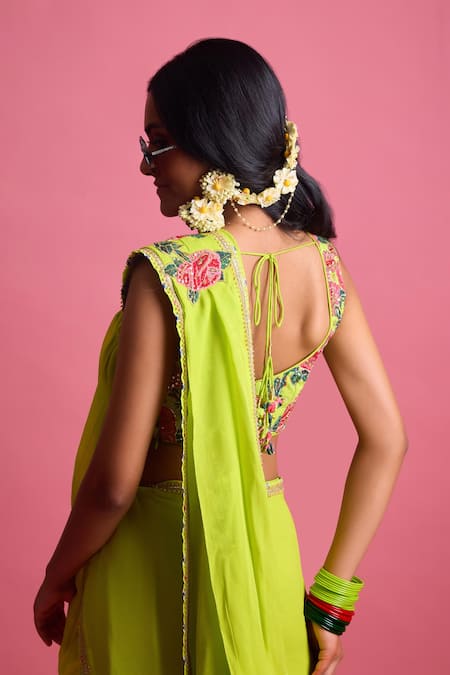 Nikasha Gulab Bagh Applique Embroidered Pre-Draped Saree With Blouse 