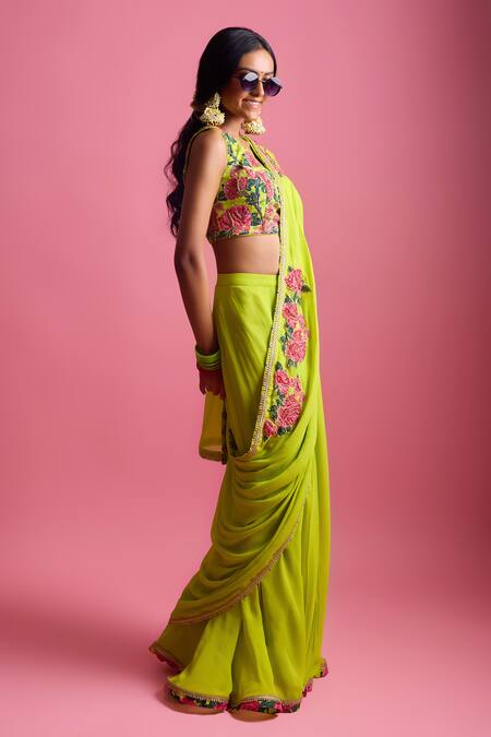 Nikasha Green Georgette, Modal, Silk Gulab Bagh Applique Pre-draped Saree With Blouse Online at Aza Fashions Nikasha_Green Georgette, Modal, Silk Gulab Bagh Applique Pre-draped Saree With Blouse _Online_at_Aza_Fashions