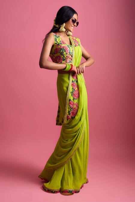 Buy Nikasha Green Georgette, Modal, Silk Gulab Bagh Applique Pre-draped Saree With Blouse Online at Aza Fashions Buy_Nikasha_Green Georgette, Modal, Silk Gulab Bagh Applique Pre-draped Saree With Blouse _Online_at_Aza_Fashions