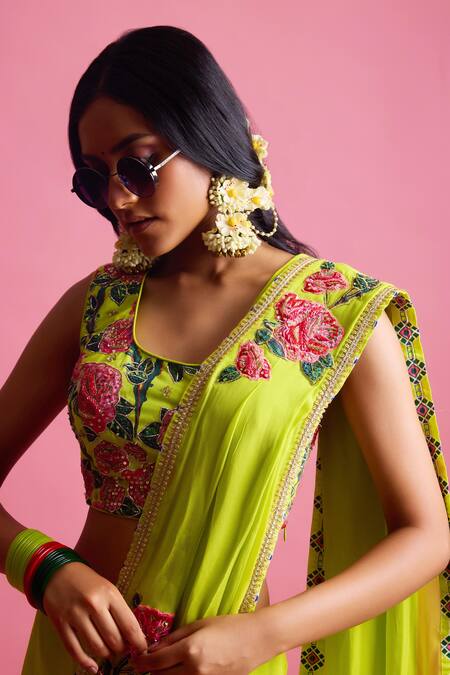 Shop Nikasha Green Georgette, Modal, Silk Gulab Bagh Applique Pre-draped Saree With Blouse Online at Aza Fashions Shop_Nikasha_Green Georgette, Modal, Silk Gulab Bagh Applique Pre-draped Saree With Blouse _Online_at_Aza_Fashions
