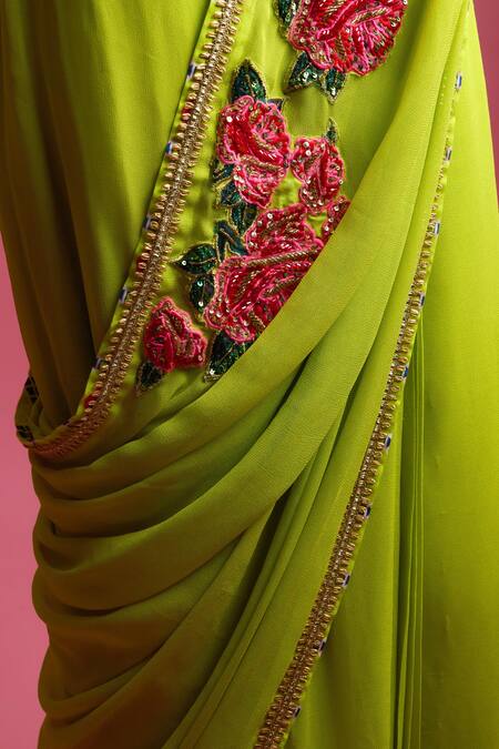 Nikasha Green Georgette, Modal, Silk Gulab Bagh Applique Pre-draped Saree With Blouse at Aza Fashions Nikasha_Green Georgette, Modal, Silk Gulab Bagh Applique Pre-draped Saree With Blouse _at_Aza_Fashions