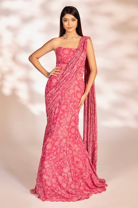 Kiyohra Pink Lurex Georgette Printed Floral Quinn Fishtail Pre-draped Saree With Blouse 