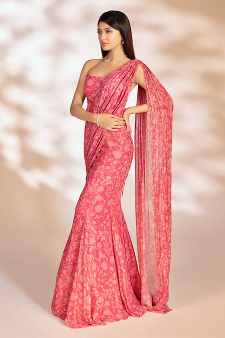 Buy_Kiyohra_Pink Georgette, Lurex Quinn Fishtail Printed Pre-draped Saree With Blouse _Online_at_Aza_Fashions
