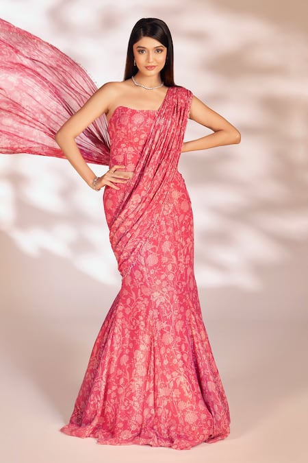 Shop_Kiyohra_Pink Georgette, Lurex Quinn Fishtail Printed Pre-draped Saree With Blouse _Online_at_Aza_Fashions