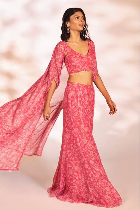 Shop_Kiyohra_Pink V-, Open Floral Print Cape And Pant Set _Online_at_Aza_Fashions