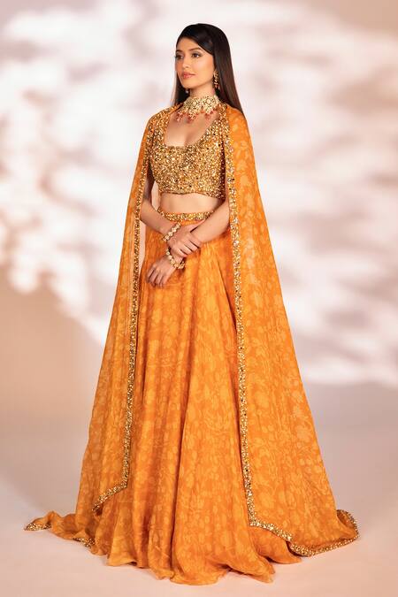 Buy_Kiyohra_Orange Organza, Net Sequins, Mirrors, Cut Work, Flower Print Skirt Set _Online_at_Aza_Fashions