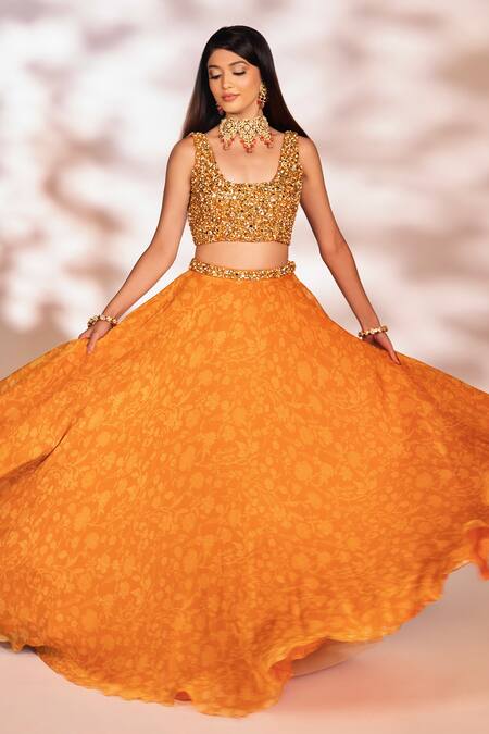 Shop_Kiyohra_Orange Organza, Net Sequins, Mirrors, Cut Work, Flower Print Skirt Set _Online_at_Aza_Fashions