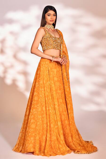 Kiyohra_Orange Organza, Net Sequins, Mirrors, Cut Work, Flower Print Skirt Set _at_Aza_Fashions