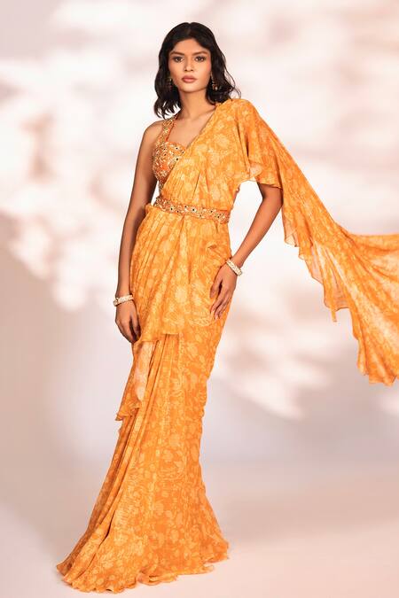 Shop_Kiyohra_Orange Lurex, Georgette, Crepe Mirrors, Vierra Ruffle Printed Saree With Blouse _Online_at_Aza_Fashions