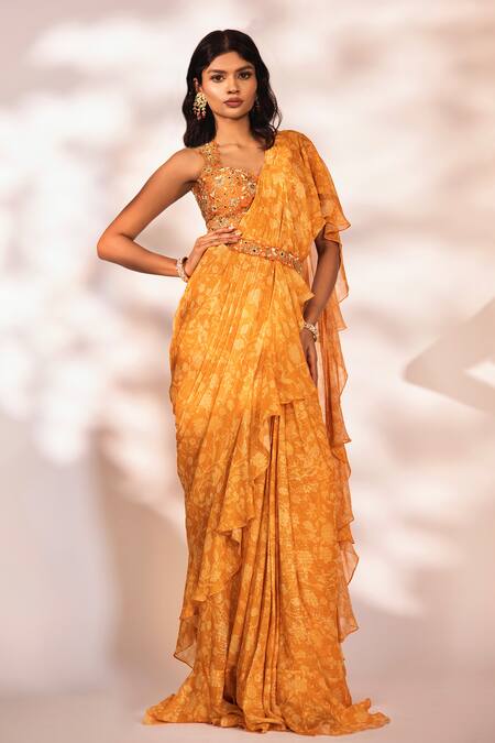 Kiyohra_Orange Lurex, Georgette, Crepe Mirrors, Vierra Ruffle Printed Saree With Blouse _at_Aza_Fashions