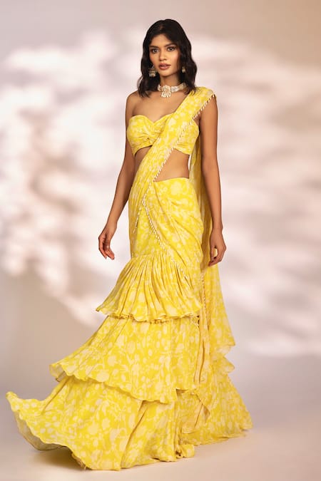 Buy_Kiyohra_Yellow Georgette Pearls Leona Botanical Print Pre-draped Saree With Blouse _Online_at_Aza_Fashions