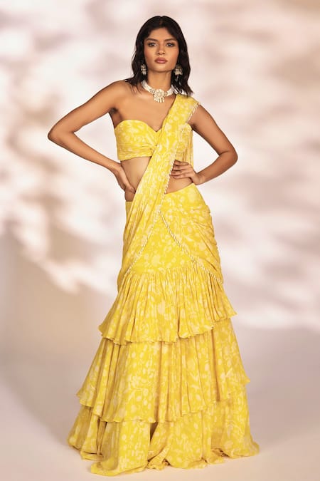 Shop_Kiyohra_Yellow Georgette Pearls Leona Botanical Print Pre-draped Saree With Blouse _Online_at_Aza_Fashions