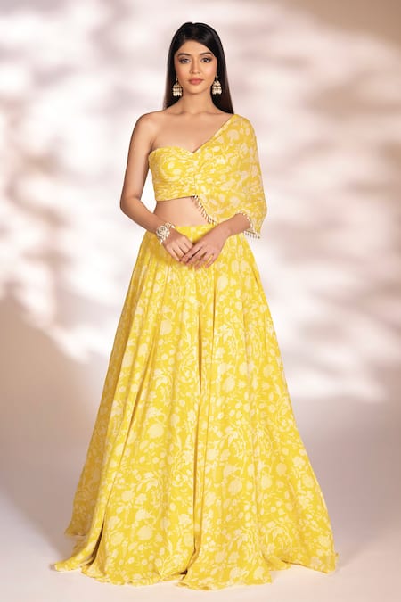 Kiyohra Yellow Georgette Printed Floral Sweetheart Neck Opal Lehenga And Blouse Set 