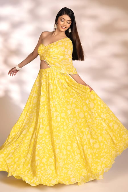 Buy_Kiyohra_Yellow Georgette Pearls Sweetheart Neck Opal Floral Print Lehenga And Blouse Set _Online_at_Aza_Fashions