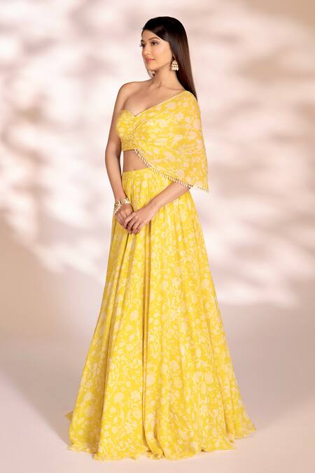Shop_Kiyohra_Yellow Georgette Pearls Sweetheart Neck Opal Floral Print Lehenga And Blouse Set _Online_at_Aza_Fashions