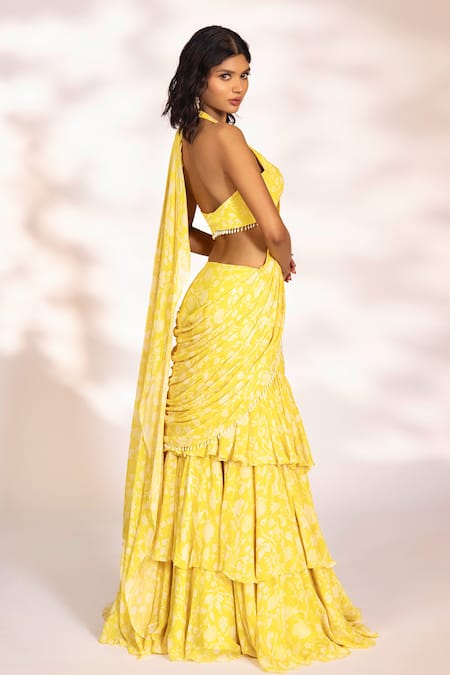 Kiyohra Amani Botanical Print Pre-Draped Saree With Blouse 