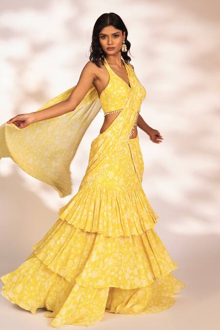 Shop_Kiyohra_Yellow Georgette Pearls Amani Botanical Print Pre-draped Saree With Blouse _Online_at_Aza_Fashions