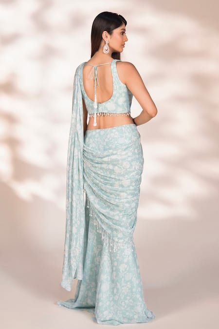 Kiyohra Bella Floral Vine Print Pre-Draped Saree With Blouse 