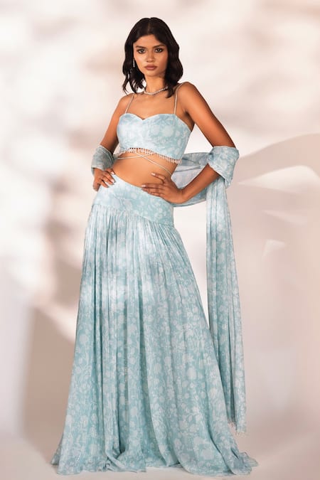 Kiyohra_Blue Georgette, Lurex Embroidery, Beads Delia Flower Print Lehenga Set _Online_at_Aza_Fashions