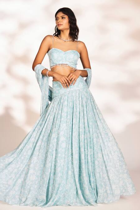 Shop_Kiyohra_Blue Georgette, Lurex Embroidery, Beads Delia Flower Print Lehenga Set _Online_at_Aza_Fashions