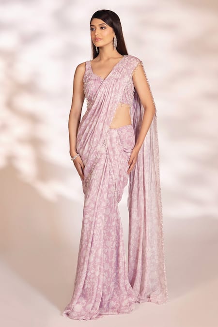 Kiyohra Purple Lurex Georgette Printed Floral Ayra Pre-draped Saree With Blouse 