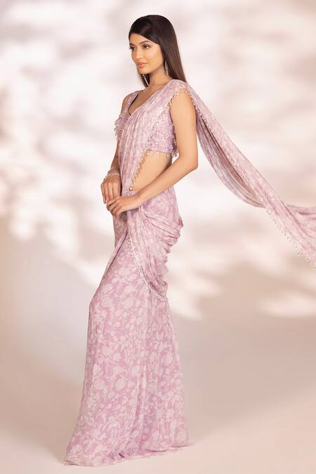 Kiyohra Purple Georgette, Lurex Crystals Ayra Floral Print Pre-draped Saree With Blouse Online at Aza Fashions Kiyohra_Purple Georgette, Lurex Crystals Ayra Floral Print Pre-draped Saree With Blouse _Online_at_Aza_Fashions