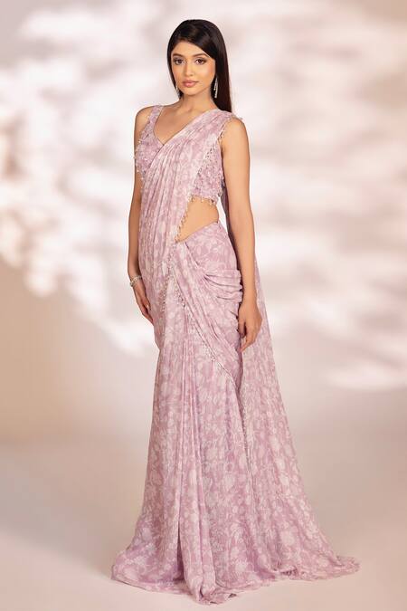 Buy Kiyohra Purple Georgette, Lurex Crystals Ayra Floral Print Pre-draped Saree With Blouse Online at Aza Fashions Buy_Kiyohra_Purple Georgette, Lurex Crystals Ayra Floral Print Pre-draped Saree With Blouse _Online_at_Aza_Fashions