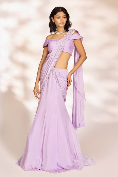 Kiyohra Pearl Border Embroidered Pre-Draped Saree With Blouse 