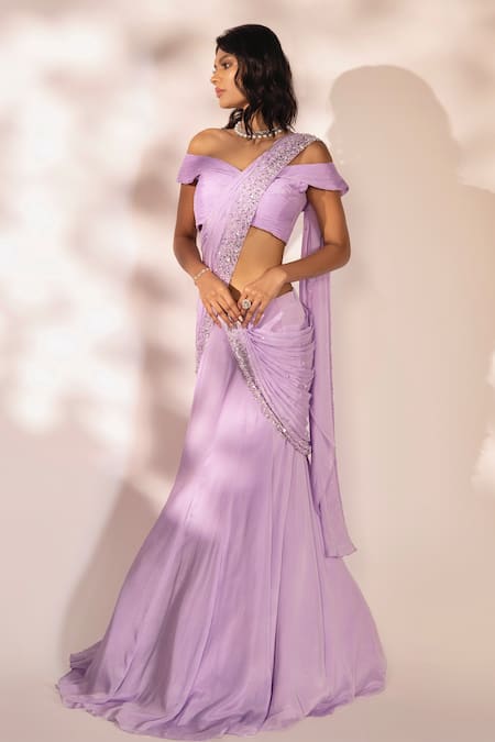Shop_Kiyohra_Purple Chiffon Pearls, Sequins, Cut Work, Border Pre-draped Saree With Blouse _Online_at_Aza_Fashions