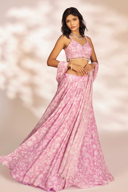 Kiyohra_Purple Lurex, Georgette Embroidery, Beads Venus Fleur Print Pleated Lehenga Set _Online_at_Aza_Fashions