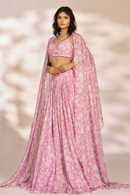 Buy_Kiyohra_Purple Lurex, Georgette Embroidery, Beads Venus Fleur Print Pleated Lehenga Set _Online_at_Aza_Fashions