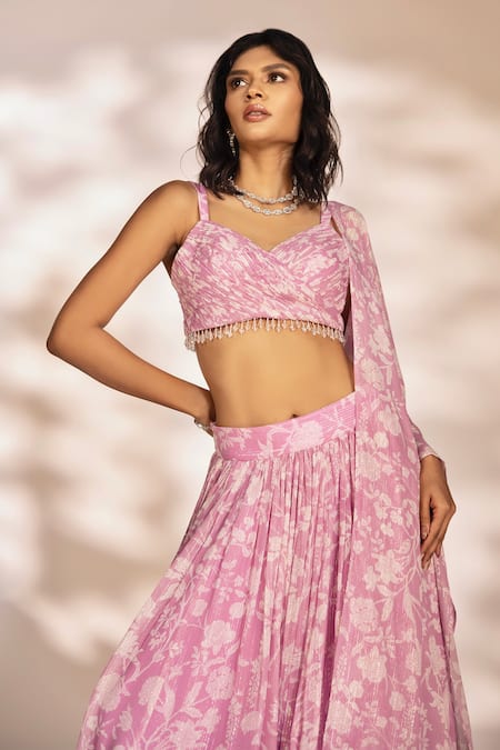 Shop_Kiyohra_Purple Lurex, Georgette Embroidery, Beads Venus Fleur Print Pleated Lehenga Set _Online_at_Aza_Fashions