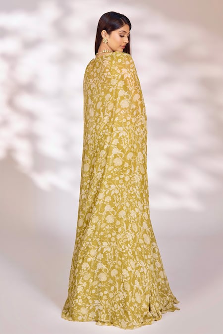 Kiyohra_Green Lurex, Georgette Embroidery V-neck Cora Floral Print Cape Lehenga Set _Online_at_Aza_Fashions